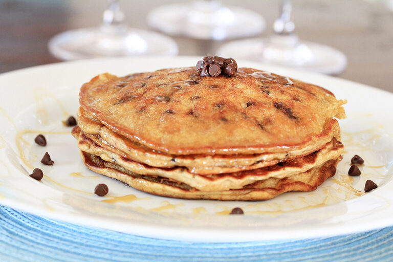 A stack of Devin Alexander’s chocolate chip pancakes